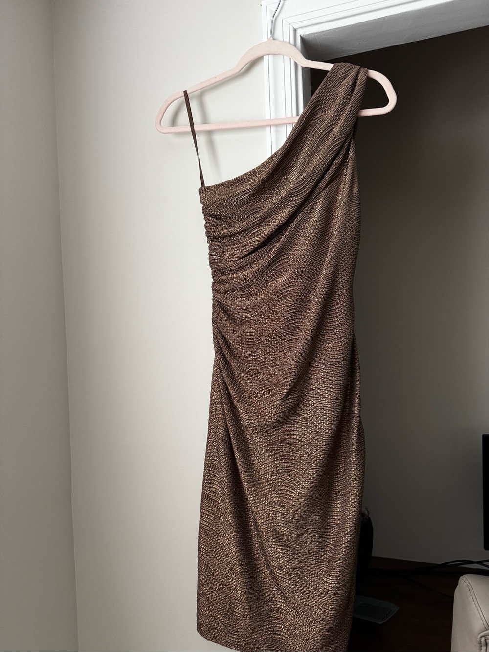 Polo Ralph Lauren One-Shoulder Brown Metallic Cocktail Dress, Size 4